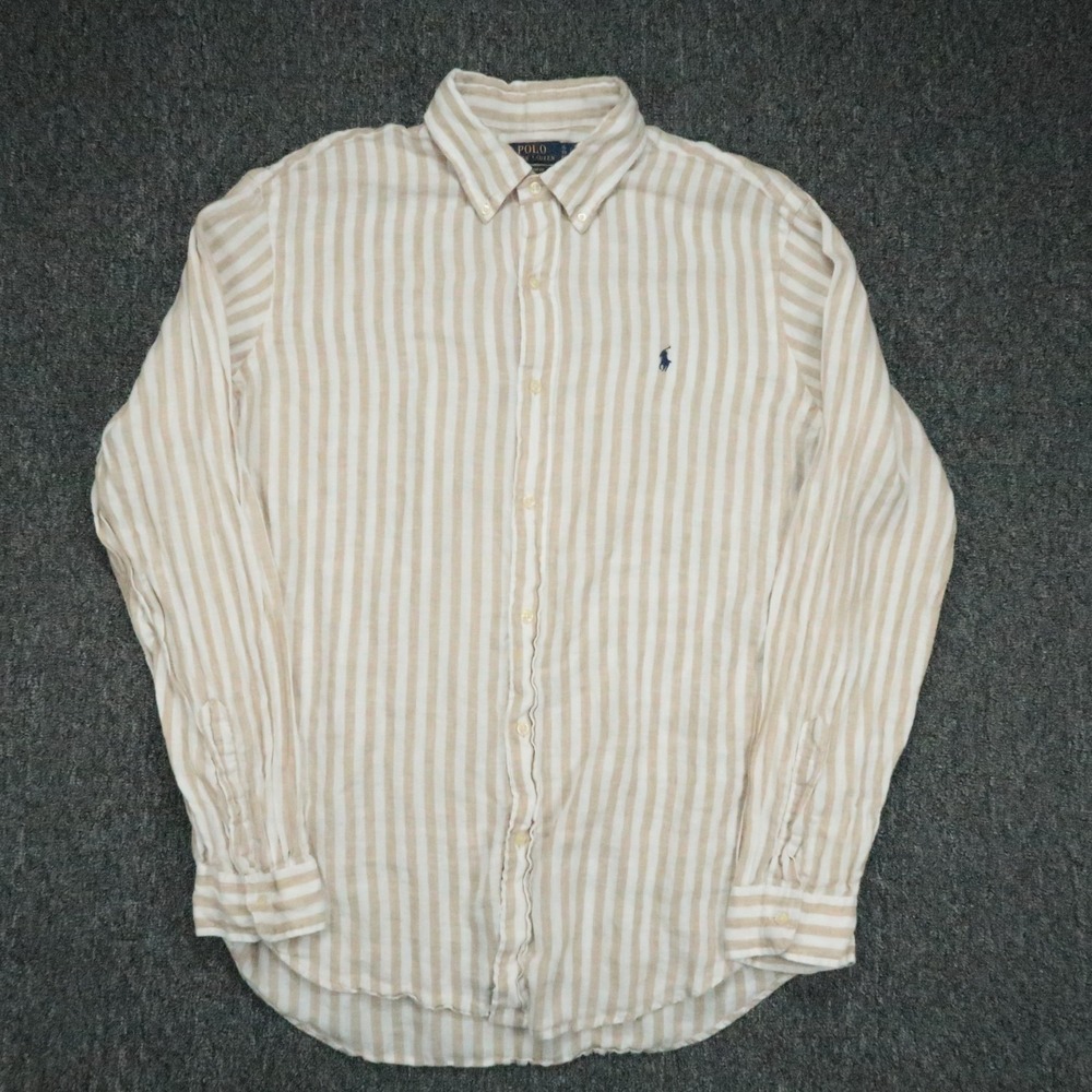 Polo Ralph Lauren Shirt Mens XL Beige White Linen Striped Long Sleeve Custom Fit